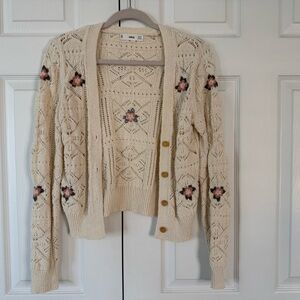 Mango Cream and Pink Cardigan Sweater with Intricate Patterns